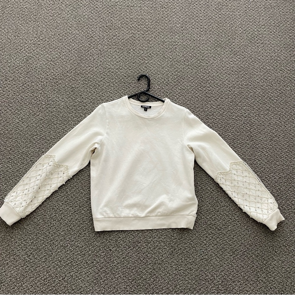 Express Pearl Embellished Long Sleeve Crew Neck Sweatshirt Size Medium